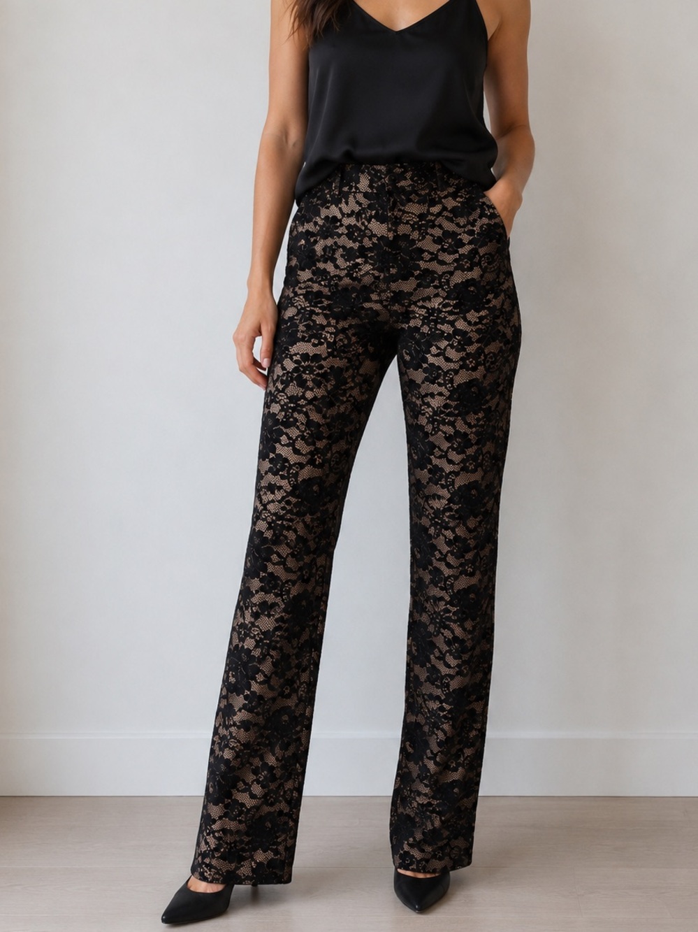 Hanna & Gracie Black Lace Overlay Straight Leg Dress Pants Nude Lined Size 2